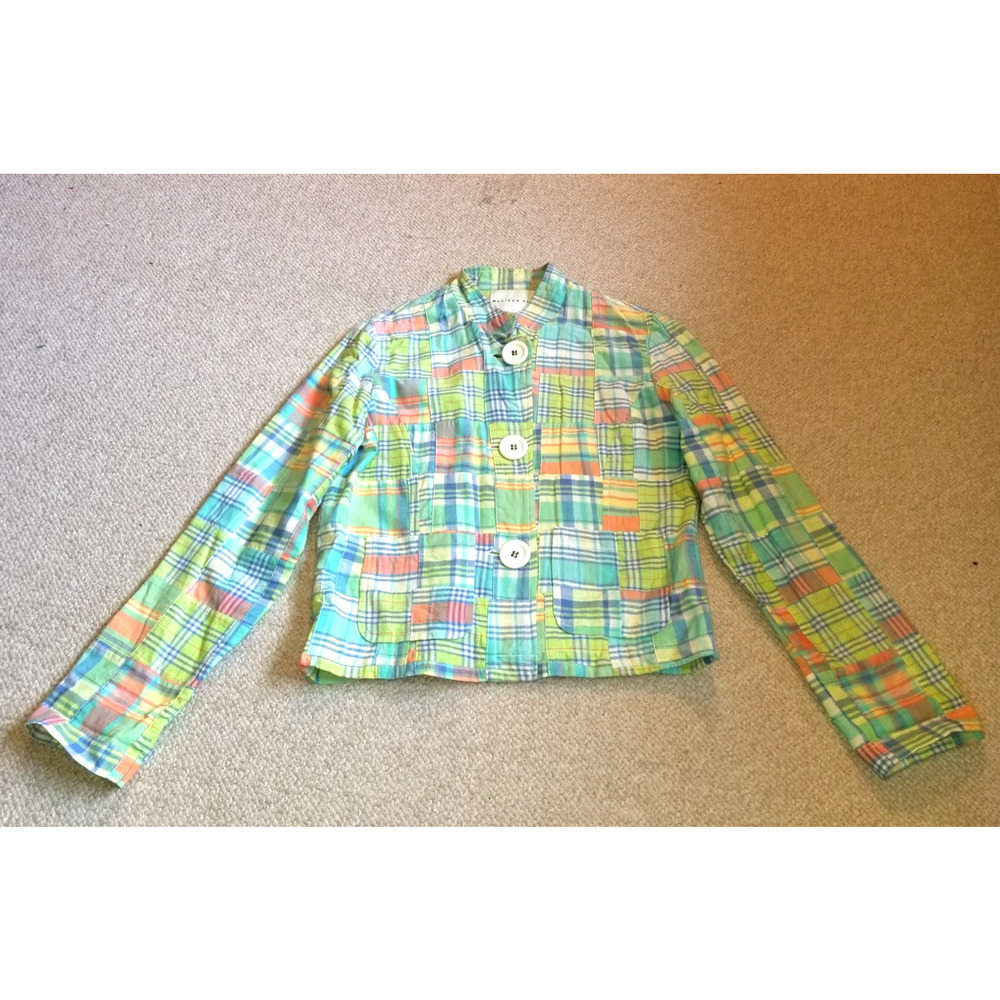 Womens Jacket-MADISON HILL-aqua/white/green patchwork/plaid cotton Preppy-6